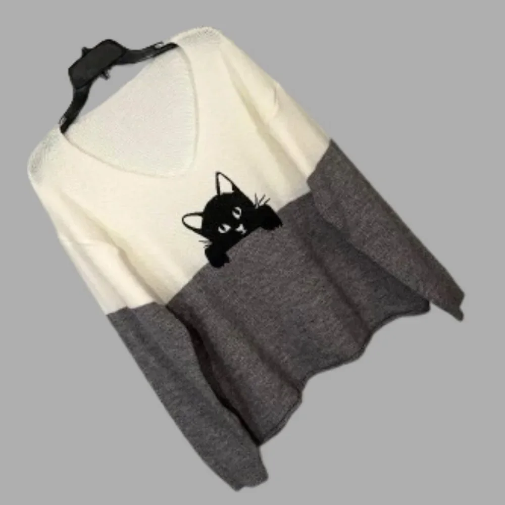 Super Cute Gray/Off White Black Cat Sweater V Neck Dolman Long Sleeves SZ XL - Picture 2 of 8